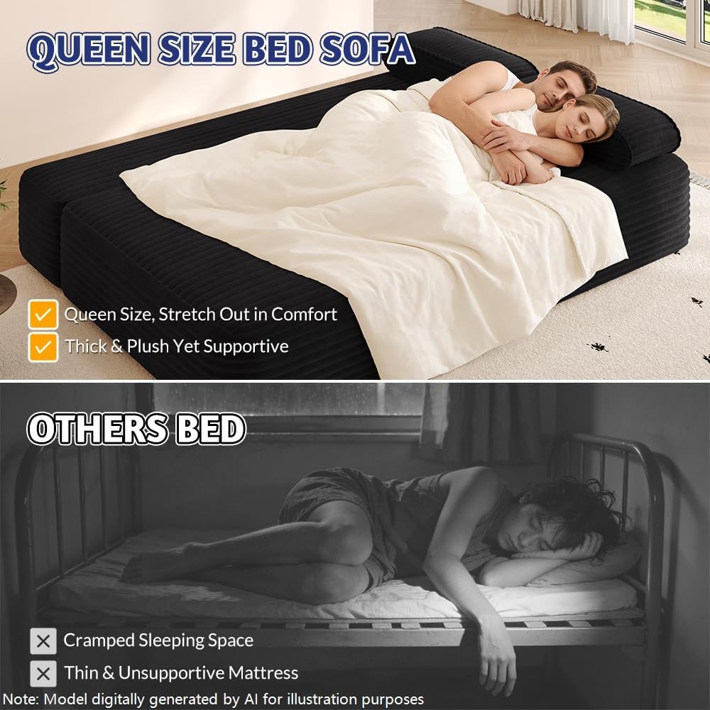 78.7'' Couches Queen, Corduroy Futon Sofa Bed, Modern Floor Couch, Cloud Convertible Sleeper Sofa Daybed, Comfy Loveseat, 3 Pillows, for Small Spaces, Living Room, Apartment, Black