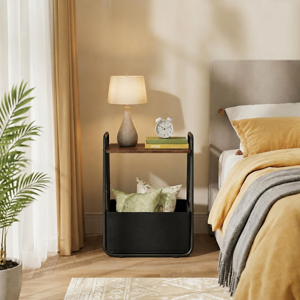 Rustic Brown Metal Frame Nightstand - Small Side Table with Fabric Storage Basket and Handle - Ideal for Bedroom & Living Room & Dorm