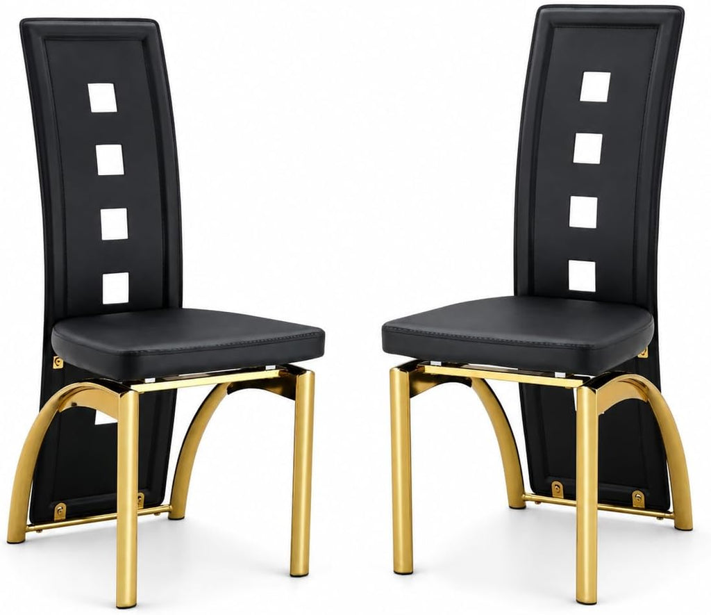 Dining Chairs Set of 2, Upholstered Kitchen Chairs | Faux Leather Cushion and Metal Legs, Modern Dining Room Chair for Restaurant Kitchen, Black and Gold