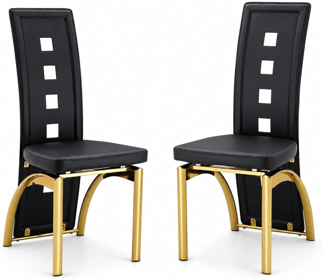 Dining Chairs Set of 2, Upholstered Kitchen Chairs | Faux Leather Cushion and Metal Legs, Modern Dining Room Chair for Restaurant Kitchen, Black and Gold