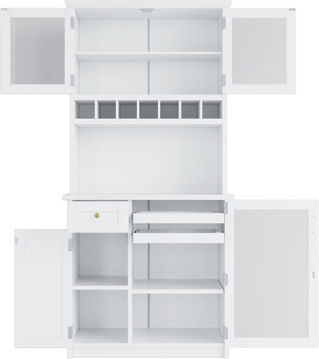 Kitchen Pantry Storage Cabinet with Wine Rack and Adjustable Shelves, Freestanding Buffet Cabinet with Hutch, White