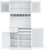Kitchen Pantry Storage Cabinet with Wine Rack and Adjustable Shelves, Freestanding Buffet Cabinet with Hutch, White