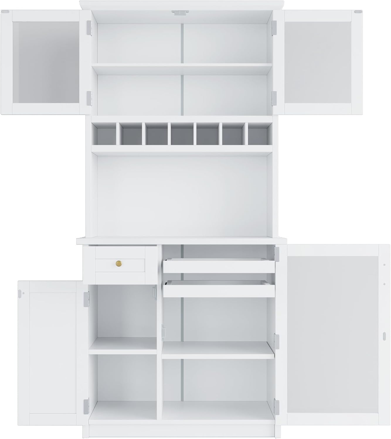 Kitchen Pantry Storage Cabinet with Wine Rack and Adjustable Shelves, Freestanding Buffet Cabinet with Hutch, White