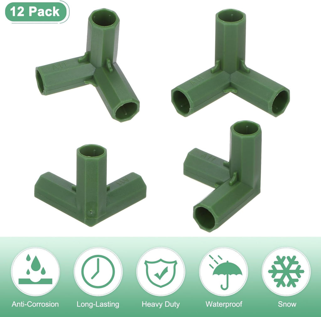 4 Pcs 11mm Greenhouse Frame Building Connectors, 3 Way Right Angle Pipe Fitting for Grape Trellis/Sunscreen Shed/Gardening Plant Stakes, Greenhouse Accessories [Green]