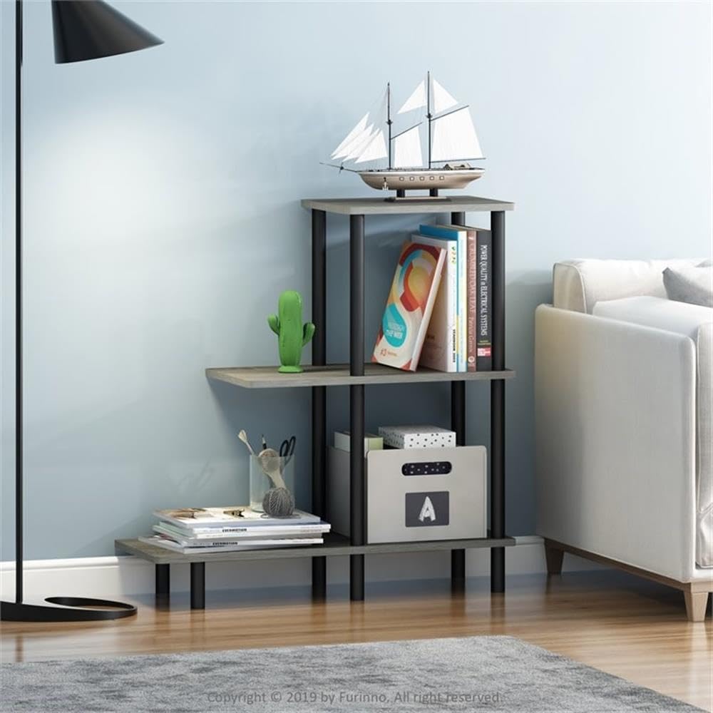 Pemberly Row Turn-N-Tube 3-Tier Engineered Wood Sofa Side Table, 32.64 in Tall, French Oak Gray Finish, Modern Design, Sturdy Storage Shelves, Rounded Corners, Living Room or Office Use