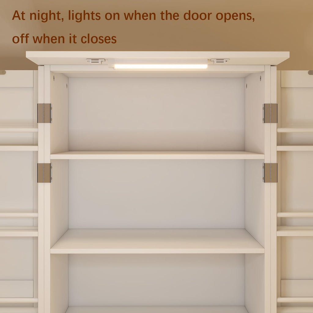 Locsear Kitchen Pantry Storage Cabinet w/LED, 50" Pantry Cabinets w/Doors and Adjustable Shelves, Freestanding Pantry Cupboard for Kitchen, Dinning Room, Living Room, Small Place, White