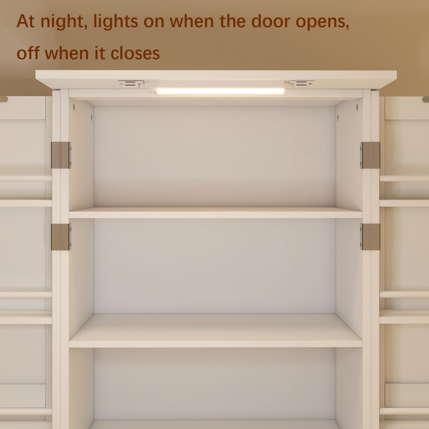 Locsear Kitchen Pantry Storage Cabinet w/LED, 50" Pantry Cabinets w/Doors and Adjustable Shelves, Freestanding Pantry Cupboard for Kitchen, Dinning Room, Living Room, Small Place, White