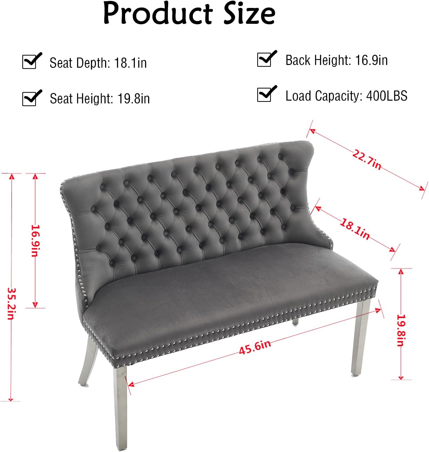 Henf Modern Tufted Velvet Dining Bench with Wing Back, 2-Seat, Nailhead Trim, Sturdy Stainless Steel Legs, Entryway Bench Small Upholstered Loveseat Sofa, 45.6''W x 22.7''D x 35.2''H (Gray&Silver)