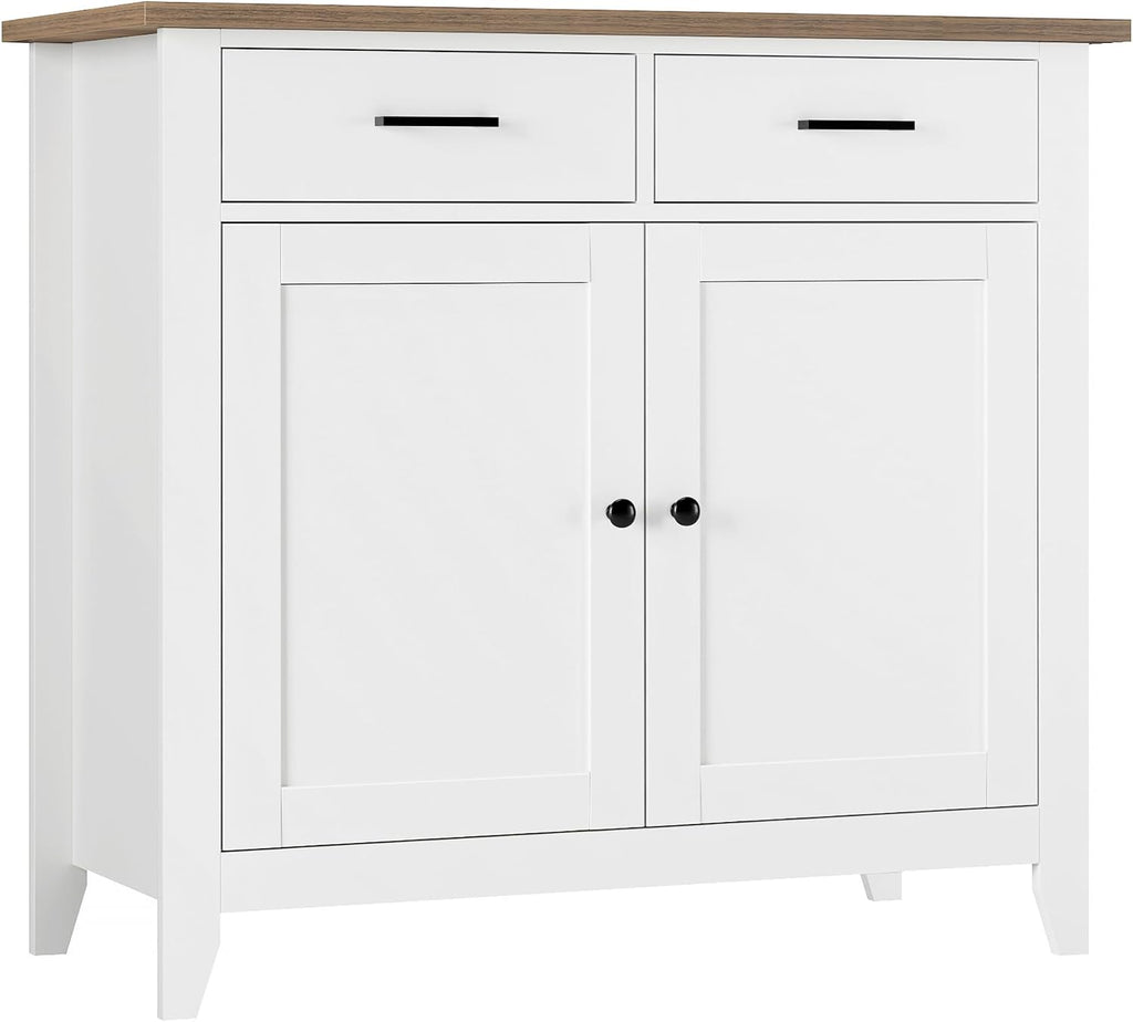HORSTORS Farmhouse Kitchen Storage Cabinet, Small Buffet, Coffee Bar, White | Buffet Sideboard with 2 Drawers & 2 Doors, 35.8"W Coffee Table, Sapce-saving Kitchen Cabinet for Dining Living Room, Entryway