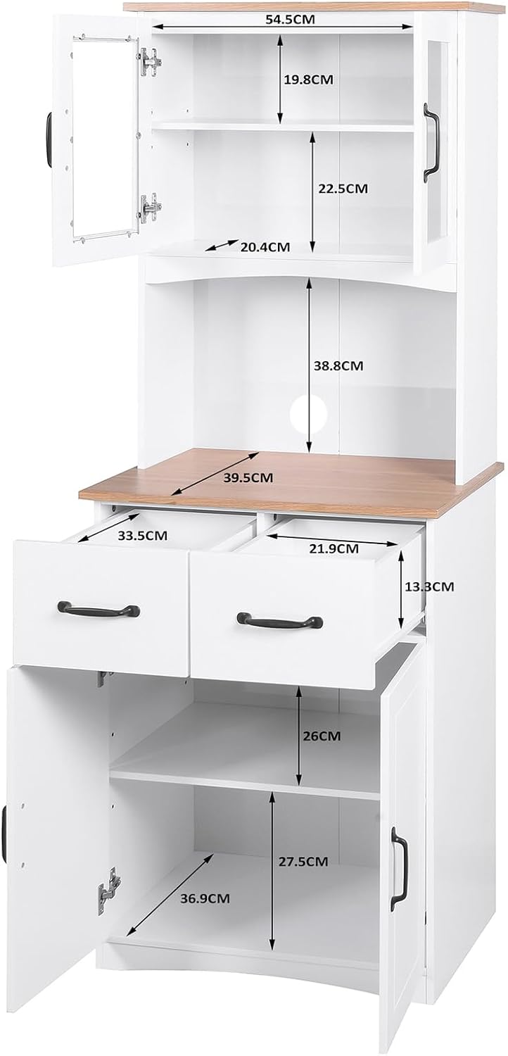 Kitchen Pantry Cabinet with Glass Doors, 66.93" Tall Kitchen Hutch Bar Cabinet with Microwave Stand Farmhouse Wood Storage Cabinet with 2 Drawers and Shelves Cupboard for Dining Room, 66.93" H