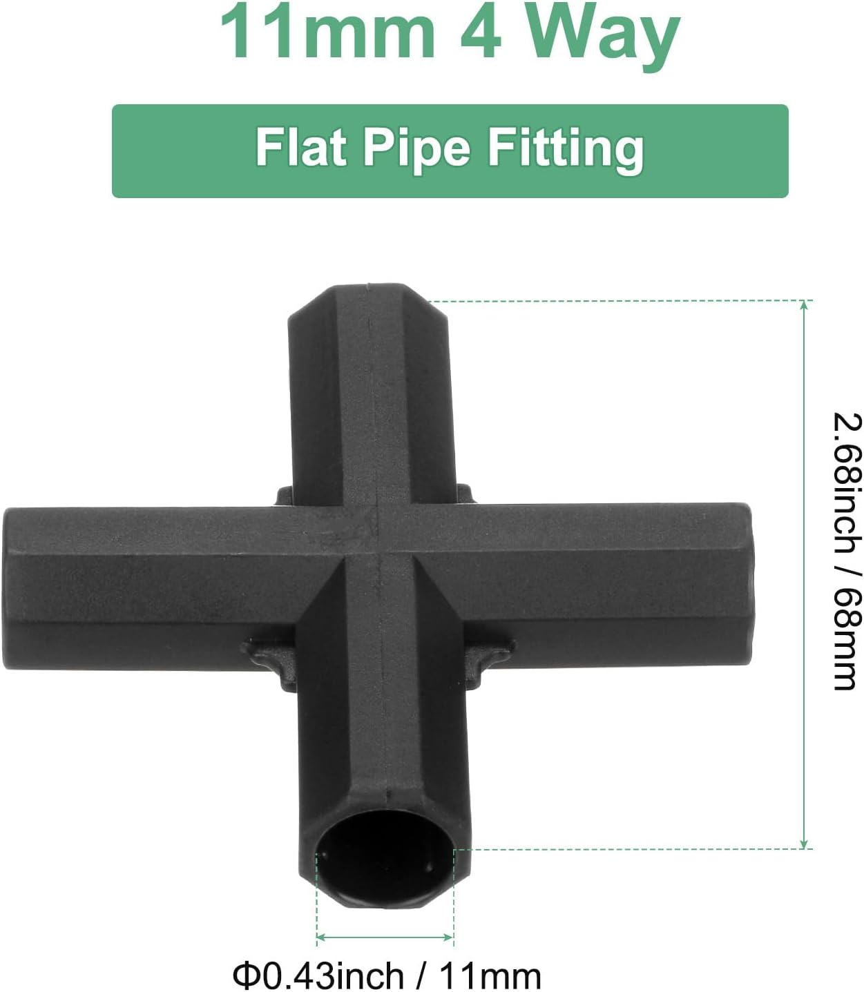 12 Pcs 11mm Greenhouse Frame Building Connectors, 4 Way Flat Pipe Fitting for Grape Trellis/Sunscreen Shed/Gardening Plant Stakes, Greenhouse Accessories [Black]