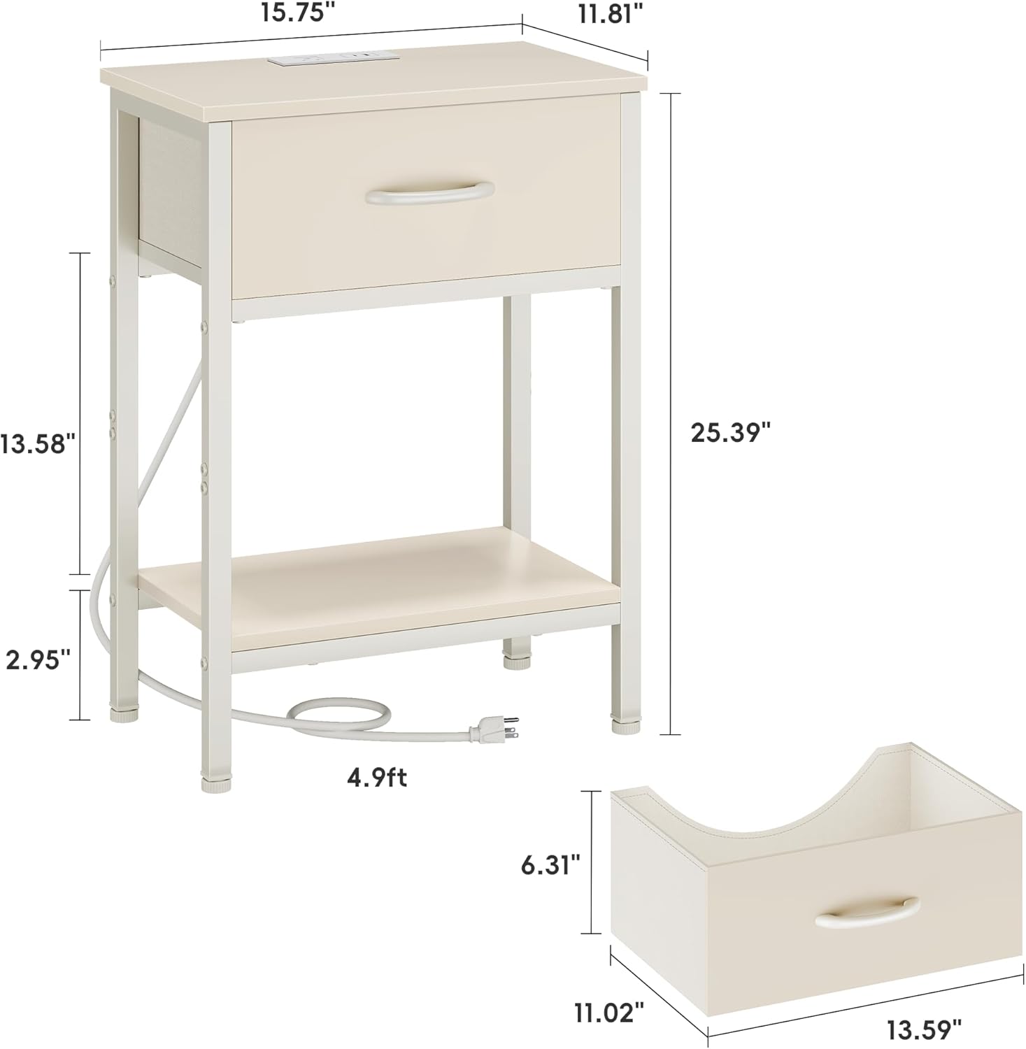 Vagusicc Nightstand with Charging Station, End Table with Fabric Drawer, Small Side Table with 2-Tier Storage Shelves, 25.4" Tall Night Stand, Bedside Table for Bedroom, Living Room, Dorm, Beige
