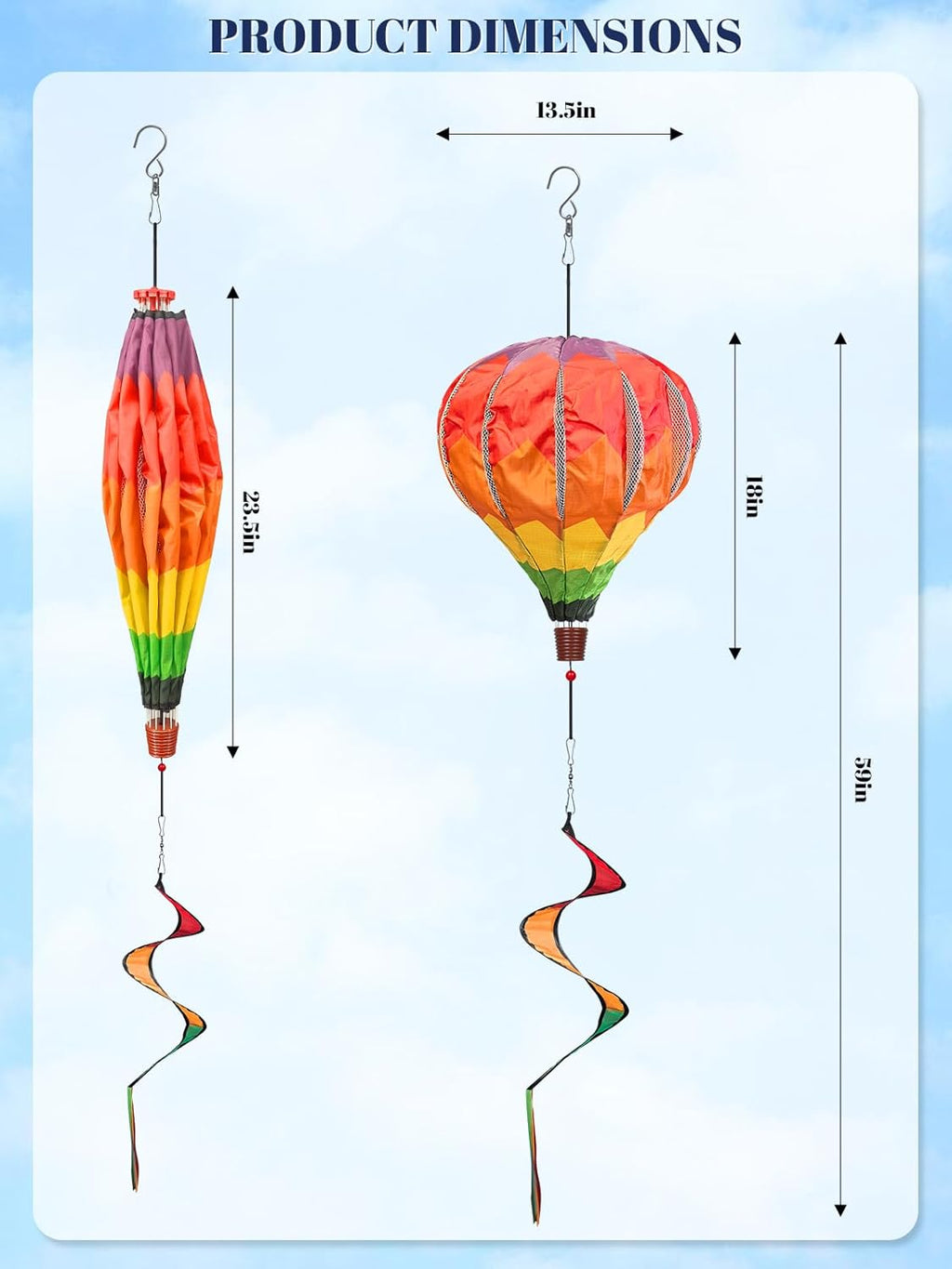 2PCS Giant Rainbow Hot Air Balloon Wind Spinners 14" W x 59" H Large Multicolor Whirligig Wind Spinner Hanging Ornaments for Yard Garden Lawn Outdoor Decorations (Multicolor-2)