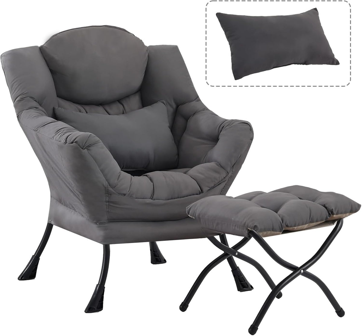 Lazy Chair with Ottoman, Comfy Chair with Pillow，Dark Grey