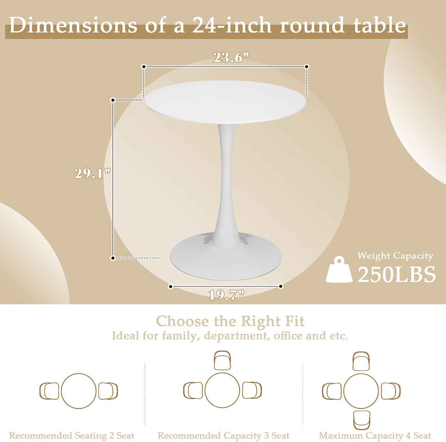 Dining Table and Dining Chair Set 23.6" White Round Table&2 Boucle Upholstered Golden Legs Chairs for Kitchen Dining Room Small Space 3 Piece Dining Table and Chair Set（Beige）