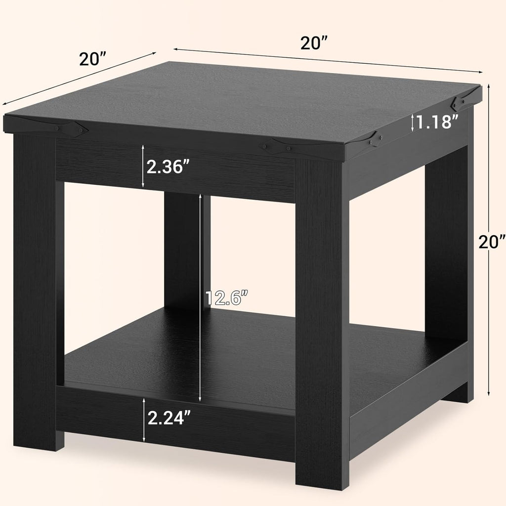 Homieasy Black End Table, 20x20 Inch Square Side Table for Living Room, Large Wood Accent Table with Storage Shelf, Modern Farmhouse Nightstand Bedside Table, Black