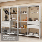 Madesa Kitchen Pantry Storage Rack with 4 Drawers, Open Shelves and Hanging Spaces 102" L Multiuse Modular Cabinet for Kitchen Organization - White
