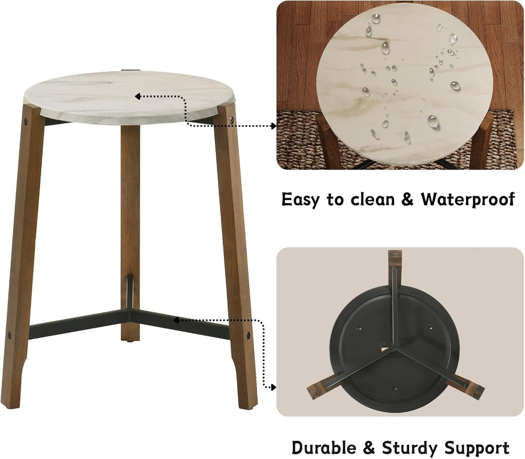 CIMOTA Round Side Table, 22.5" End Accent Table with Solid Wood Leg, White Marble Texture Tabletop, Metal Beam, Round Nightstand for Small Spaces/Living Room/Bedroom, White
