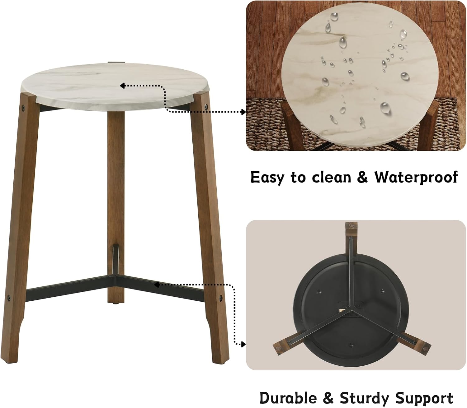 CIMOTA Round Side Table, 22.5" End Accent Table with Solid Wood Leg, White Marble Texture Tabletop, Metal Beam, Round Nightstand for Small Spaces/Living Room/Bedroom, White