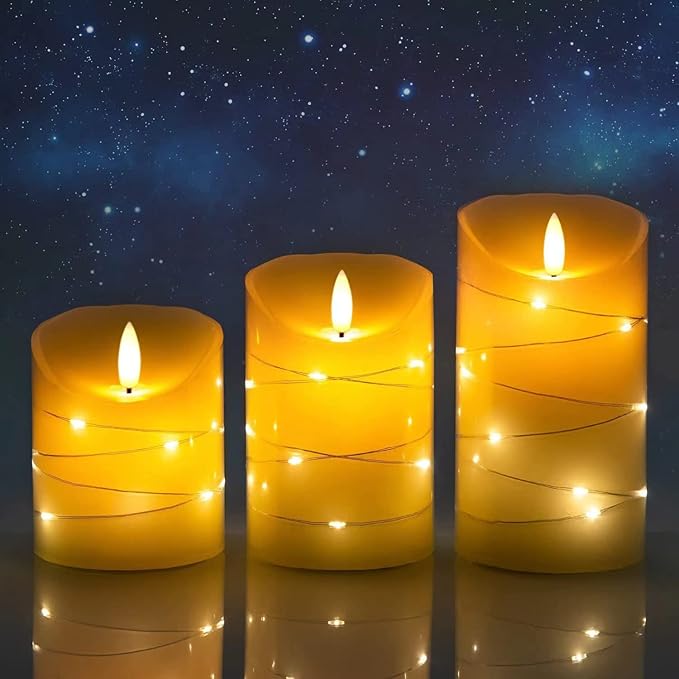 DANIP White LED flameless Candle with Embedded Star Light String, Three Piece LED Candle, with 11 Key Remote Control, 24-Hour Timer Function, Dancing Flame, (Ivory White)