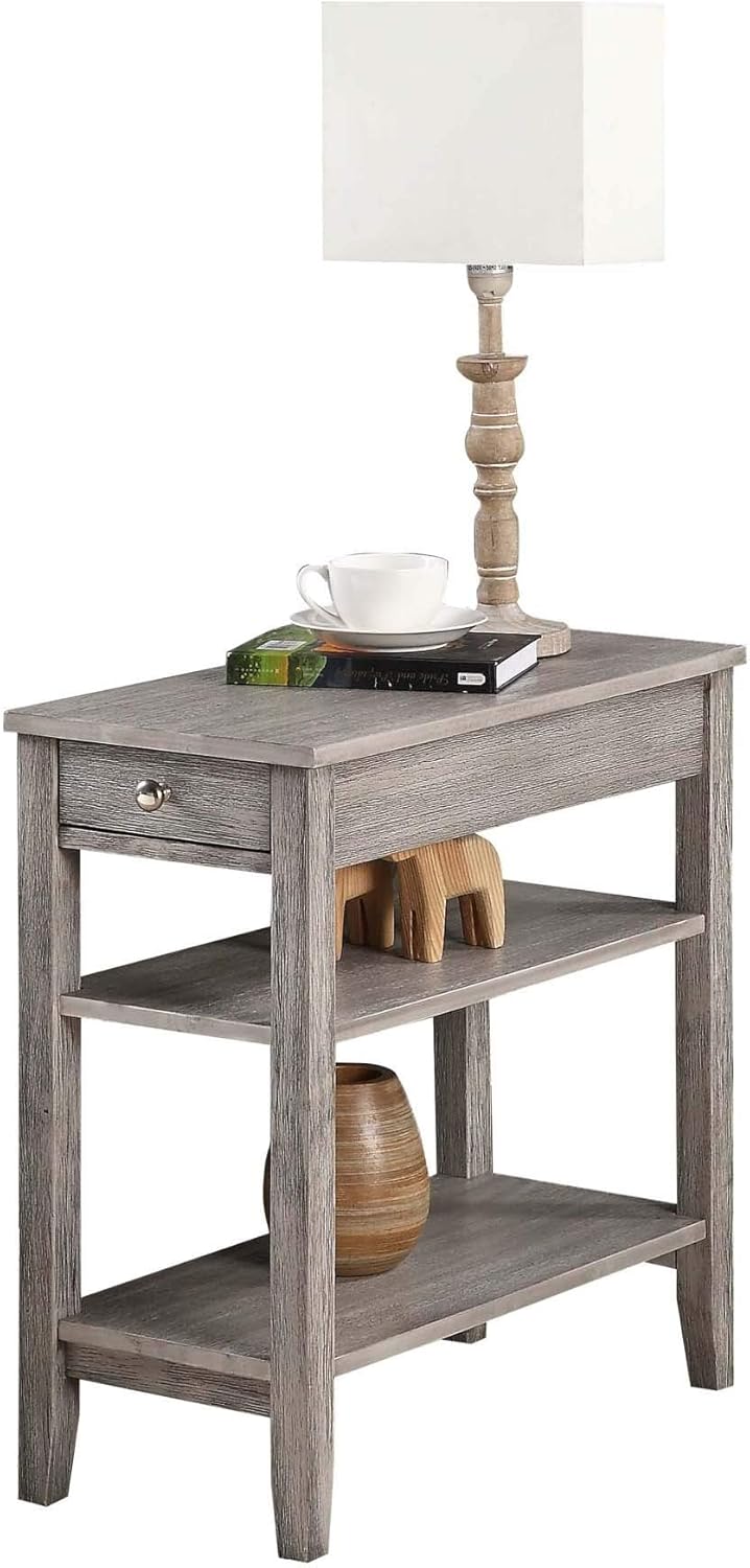 Pemberly Row Three Tier End Table with Drawer, Gray Wood Finish, 23.5 x 11.25 x 24 in, Hidden Storage, Middle and Bottom Shelf, Durable Accent Table for Living Room or Bedroom Decor