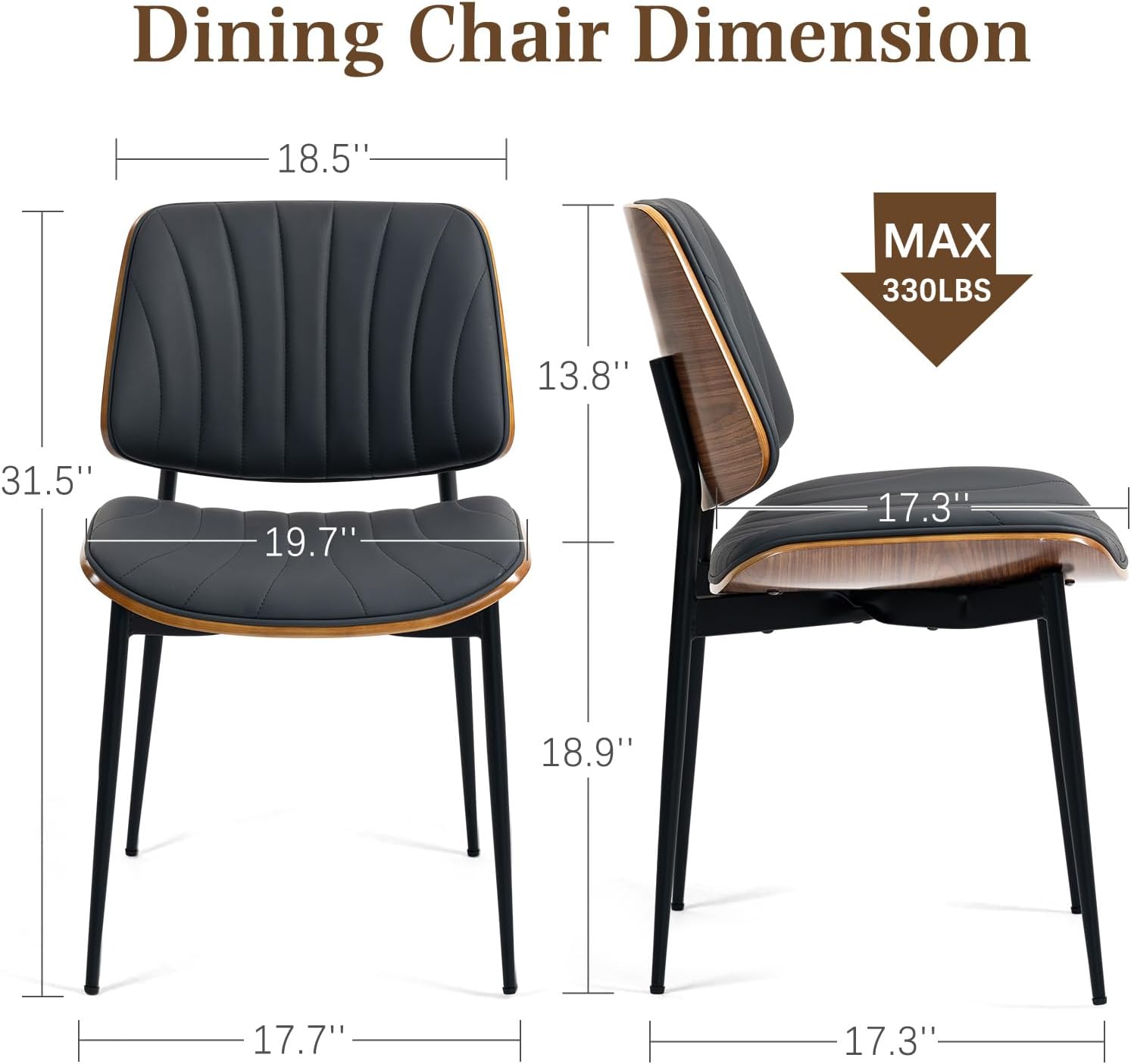 AVAWING Walnut Dining Chairs Set of 6, Mid Century Modern Dining Chairs PU Leather Upholstered Kitchen Chairs with Walnut Bentwood Back & Metal Legs for Dining Room, Kitchen, Living Room, Black