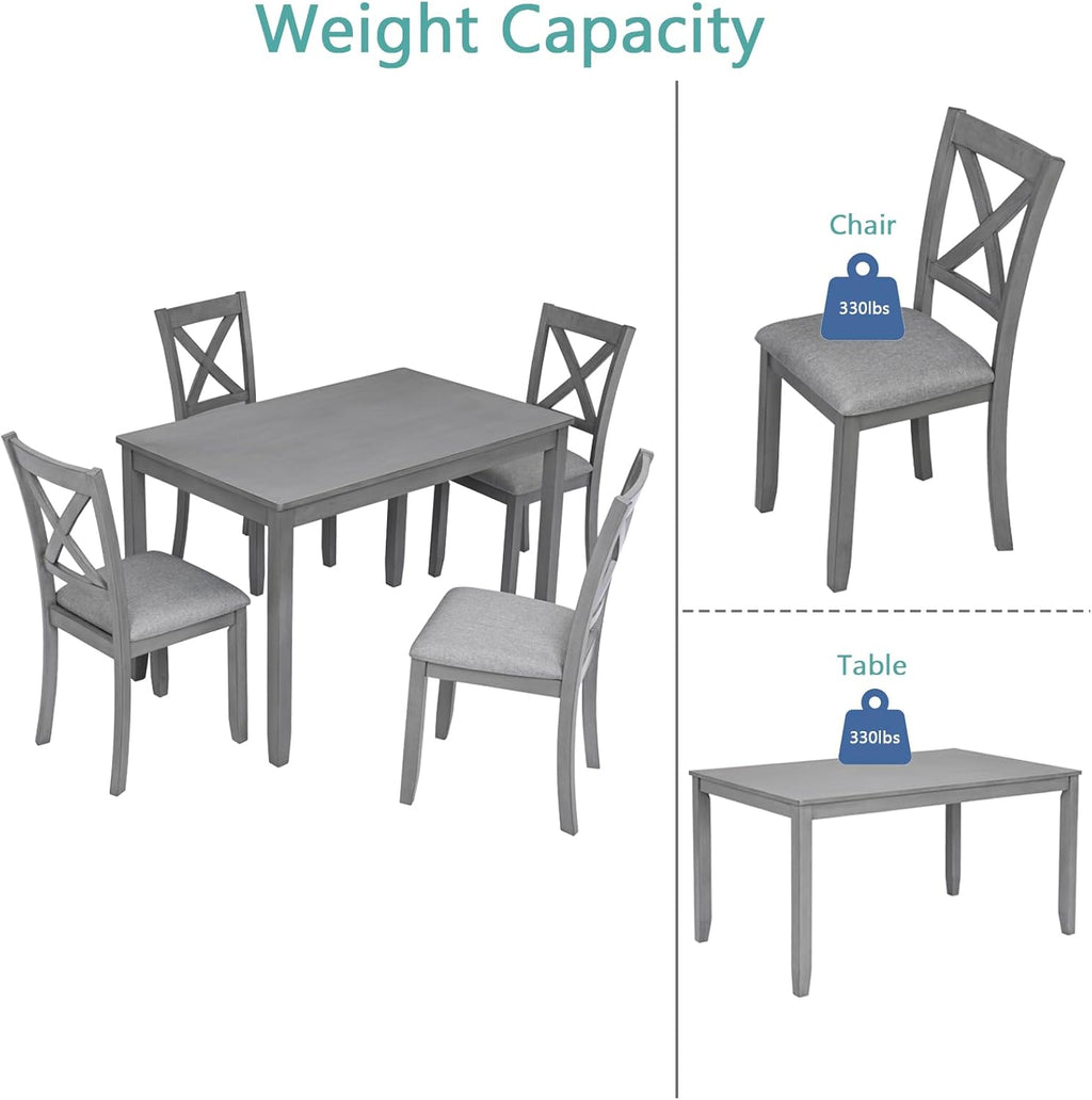 LUMISOL 5-Piece Dining Table Set for 4, Farmhouse Kitchen Table Set with 4 Upholstered Chairs, Wood Table and Chairs Set for Dining Room, Kitchen, Small Space, Grey