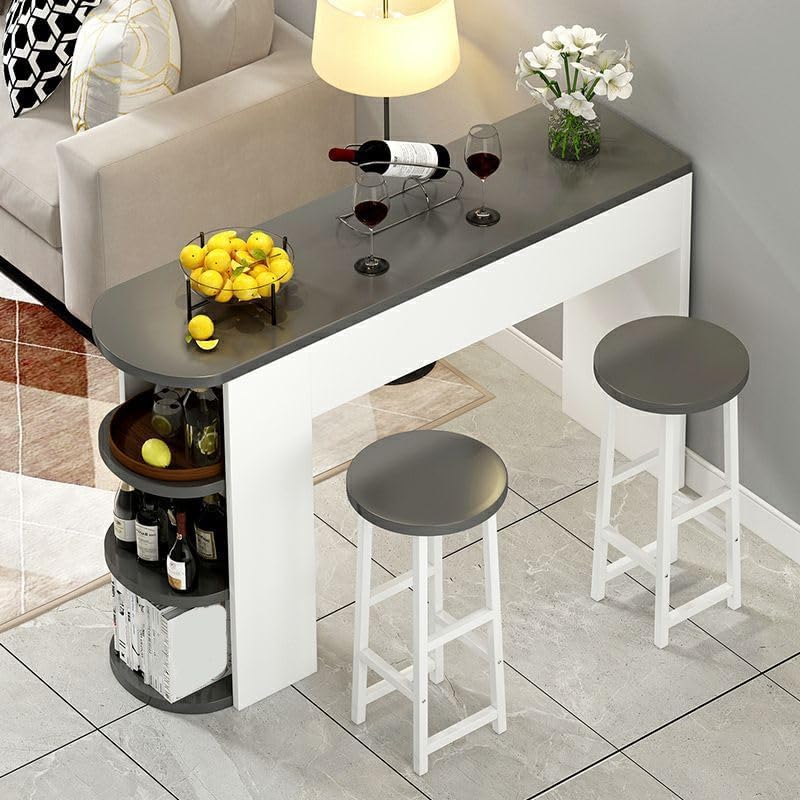3-Piece Bar Table with Stools, Modern Living Room Set 3-Tier Storage Shelves and 2 Backless Stools for Home & Kitchen (Natural Finish, 39.5" L x 12" W H)