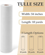 Tulle Fabric Roll, 54" x 10 Yards (30FT) Tulle for Wedding Christmas Decorations Pew Bow Tutu Party Backdrop Baby Shower Table Skirts Gift Wrapping Garden Netting (White)