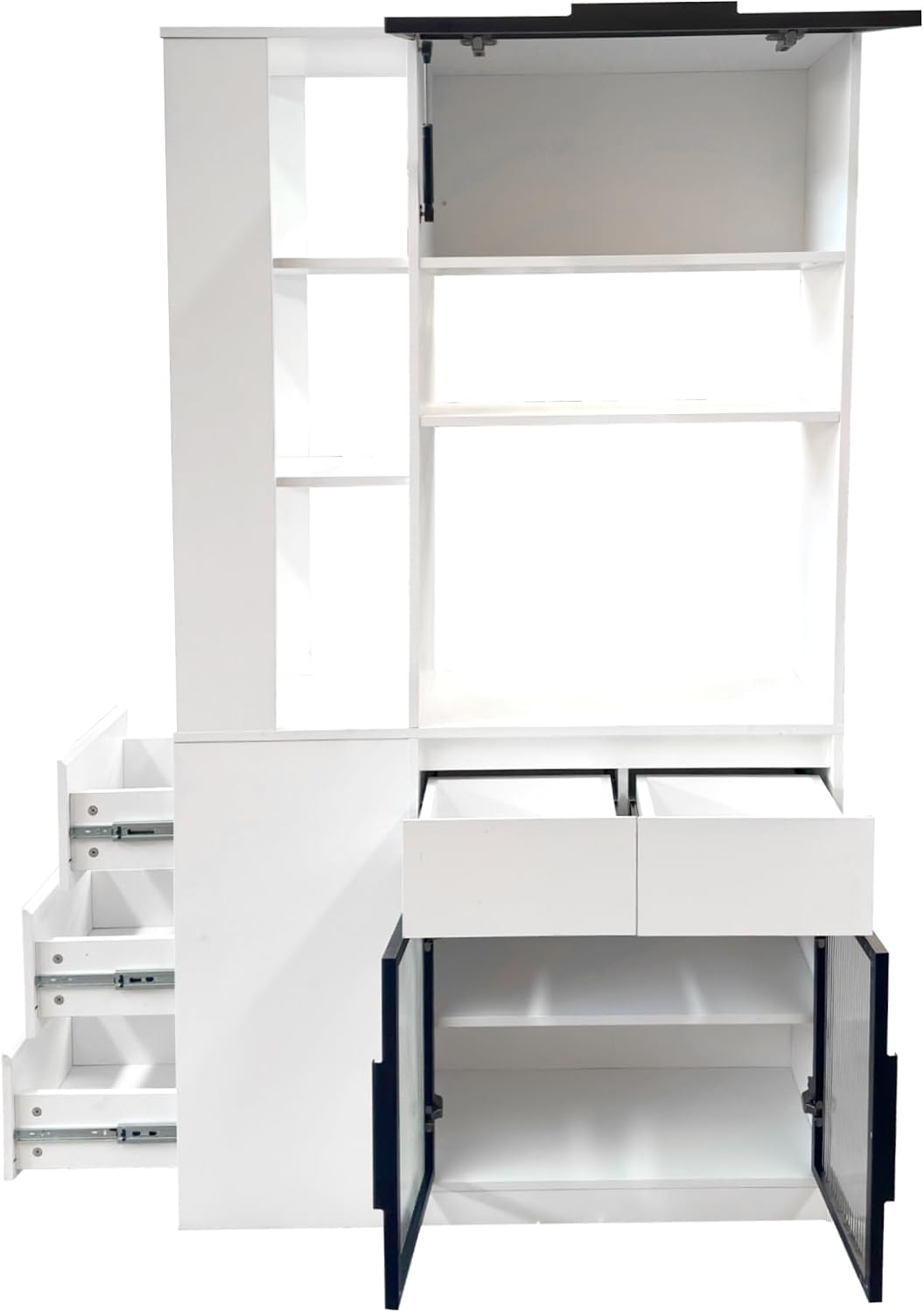 Modern 70.87" Tall Storage Cabinet with 5 Drawers, Glass Doors and Display Shelves, Freestanding Kitchen Pantry Cabinet with Microwave Space for Living Room, Dining Room, Hallway, White