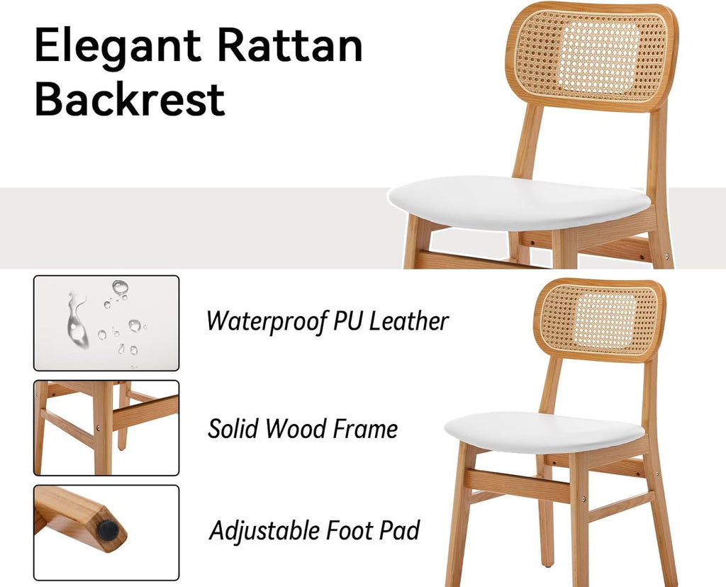 Shunzhi Rattan Dining Chairs Set of 6 Farmhouse White PU Leather Dining Room Chairs with Cane Back Mid Century Modern Kitchen Chairs Wooden Upholstered Boho Side Chair for Restaurant