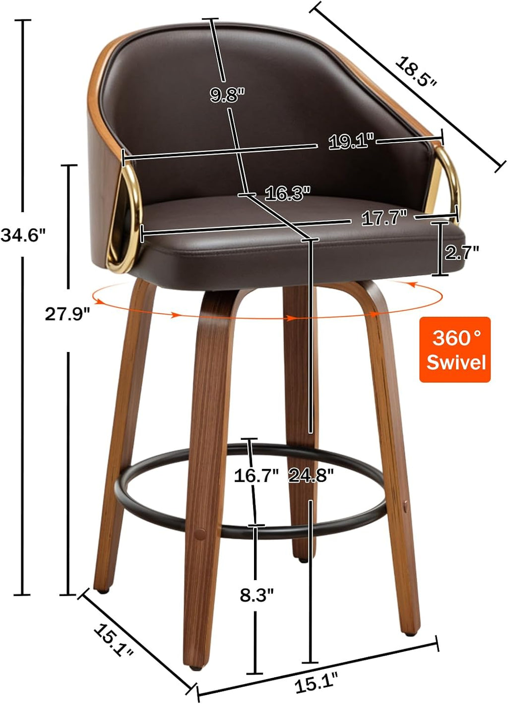 24.8" Swivel Counter Height Bar Stools Set of 2,Brown Leather Barstools Mid Century Modern Bar Chairs with Wood Legs and Golden Arms for Kitchen Dining Pub Cafe