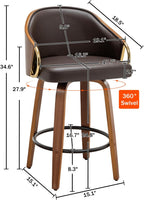 24.8" Swivel Counter Height Bar Stools Set of 2,Brown Leather Barstools Mid Century Modern Bar Chairs with Wood Legs and Golden Arms for Kitchen Dining Pub Cafe