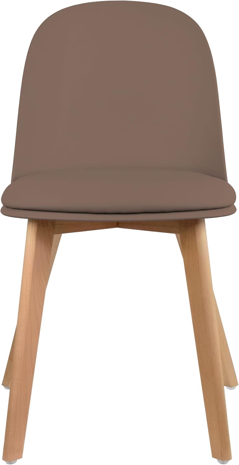 2xhome Modern Armless Dining Chair | Plastic Shell with PU Leather Cushion Padded Seat and Wooden Legs | Indoor or Outdoor Use | Home Kitchen Patio, Brown, Single, Set of 1