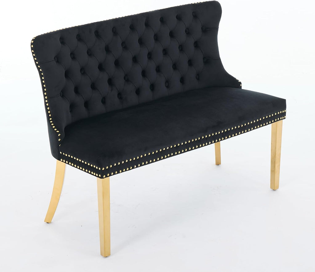 Velvet Double Dining Loveseat Bench with Wing Back, Tufted Upholstered 2-Seat Design,Golden Stainless Steel Legs, Modern Mid-Century Accent Seating for Dining Room, Kitchen, or Entryway (Black)