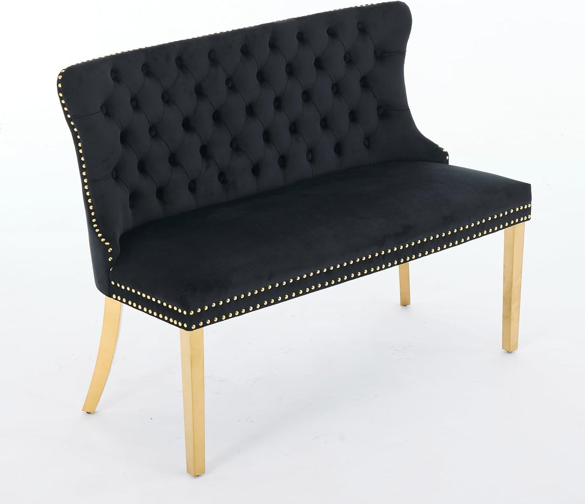 Velvet Double Dining Loveseat Bench with Wing Back, Tufted Upholstered 2-Seat Design,Golden Stainless Steel Legs, Modern Mid-Century Accent Seating for Dining Room, Kitchen, or Entryway (Black)