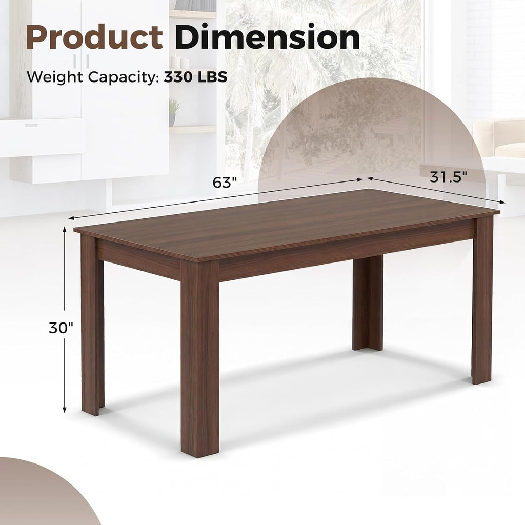 COSTWAY Dining Table for 4-6 People, 63” Rectangular Dining Room Table, Farmhouse Dinette Table with Large Computer Workstation, Modern Kitchen Table for Apartment, Living Room, Restaurant (Walnut)
