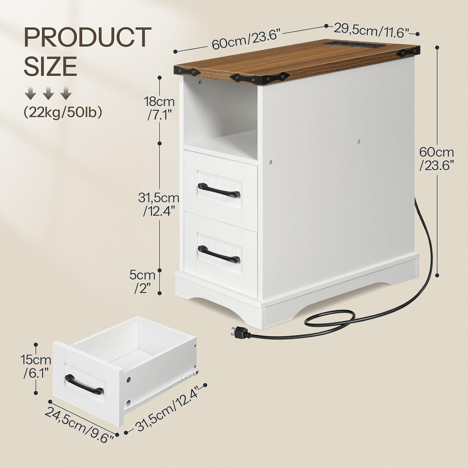 HOOBRO Narrow End Table with Drawers, Farmhouse Nightstand with Charging Station, 3 Storage Shelves on the Back, Slim Bedside Table for Living Room, Bedroom, Small Space, White and Walnut WH362UBZ01