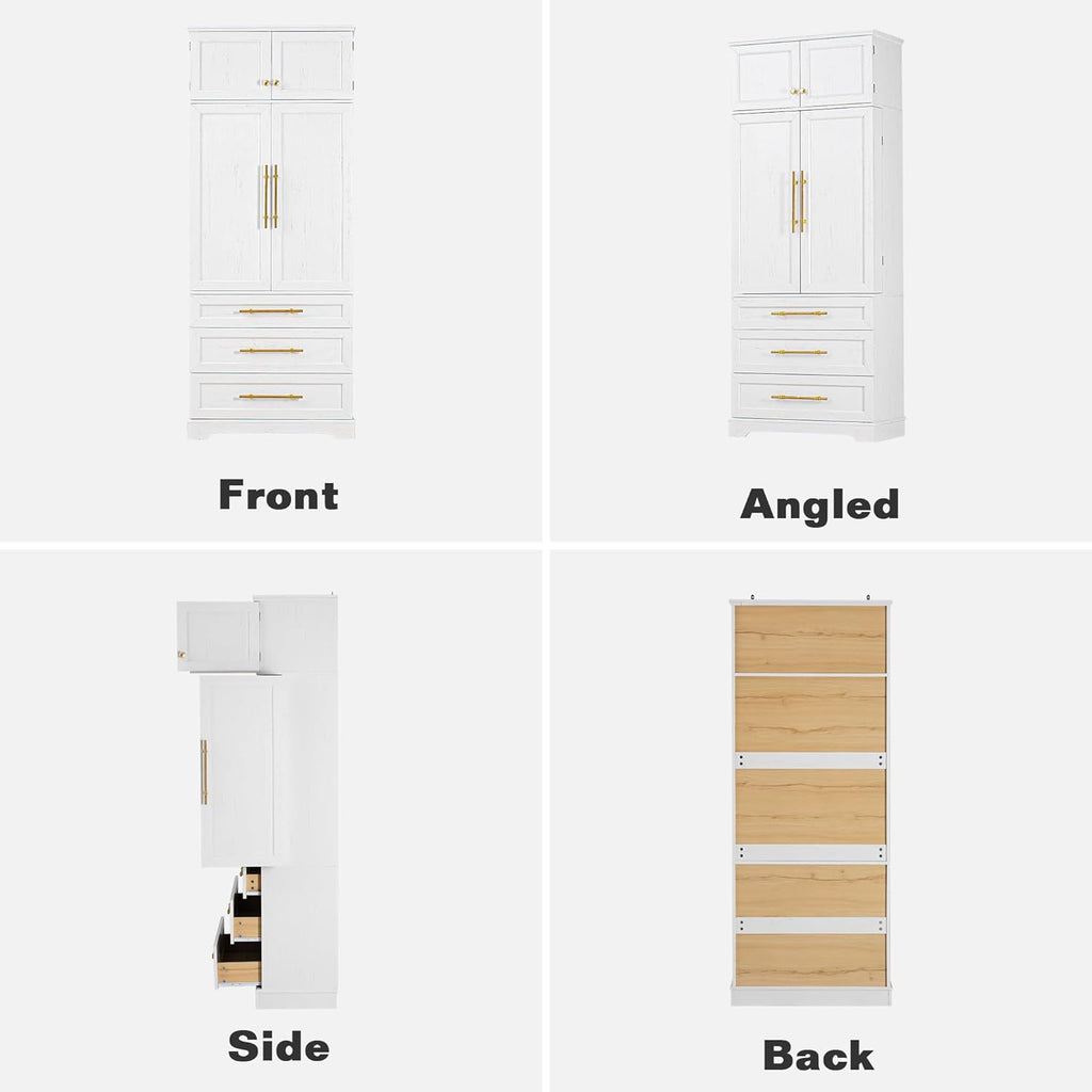 78.2" Tall Kitchen Pantry, Mid-Century Modern Storage Cabinet with 3 Drawers, Freestanding Pantry Cabinets with 4 Doors & Adjustable Shelves, Versatile Cupboard for Dining & Living Room,White