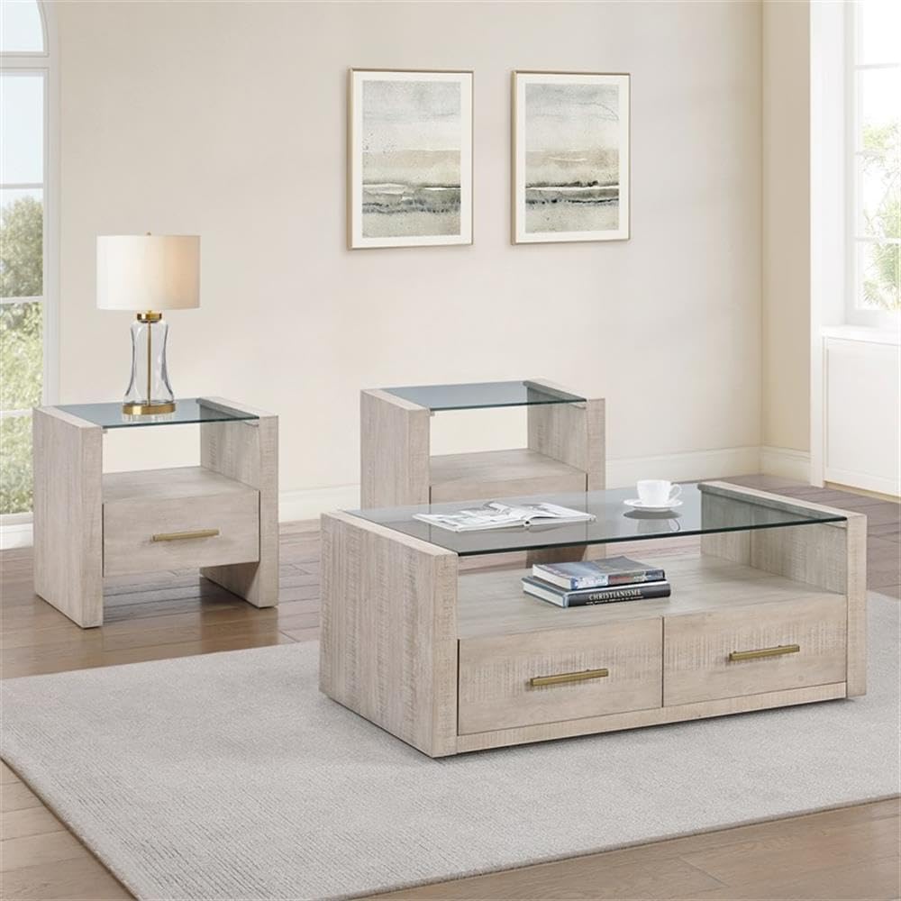 Pemberly Row Contemporary 3-Piece Coffee Table Set, Acacia Wood Veneers, Toffee Finish, Tempered Glass Tops, Includes Castered Coffee Table and 2 End Tables for Living Room or Lounge Use