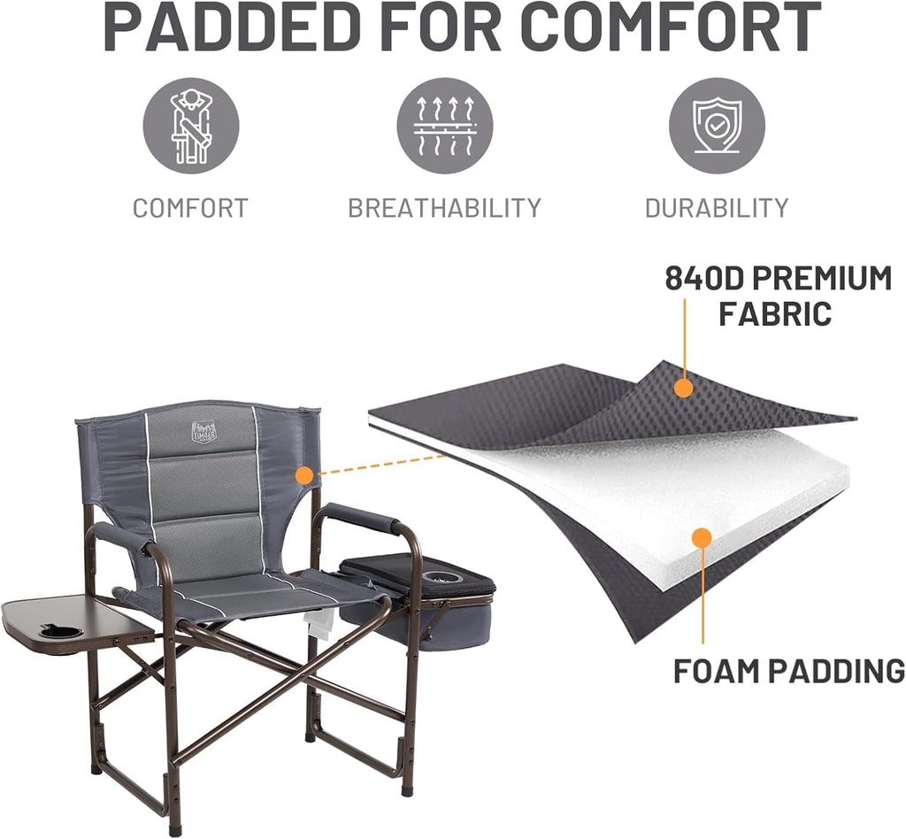 Timber Ridge Folding Camping Chair with Cooler Bag, Director Chair Foldable with Side Table for Adults, Camp Chairs for Outdoor, Lawn, Sports, Fishing, Heavy Duty Supports 300lbs, Grey-2 Pack