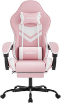 Gaming Chair with Footrest & Massage Lumbar Support, PU Leather Ergonomic High Back Swivel Height Adjustable Chair for Adults, Office Gaming, 300 lbs (Pink White)