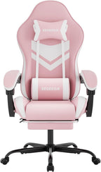 Gaming Chair with Footrest & Massage Lumbar Support, PU Leather Ergonomic High Back Swivel Height Adjustable Chair for Adults, Office Gaming, 300 lbs (Pink White)