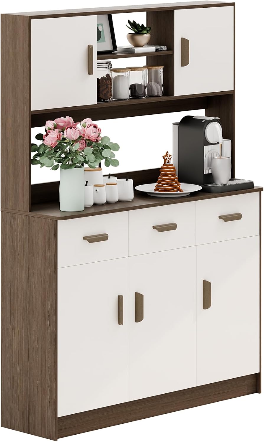 Kitchen Pantry Storage Cabinet, Hutch Cabinet with Buffet Cupboard, Utility Pantry with Microwave Stand, Household Wall Tall Sideboard with 3 Drawers, 5 Doors Open Shelves for Kitchen, Dinin