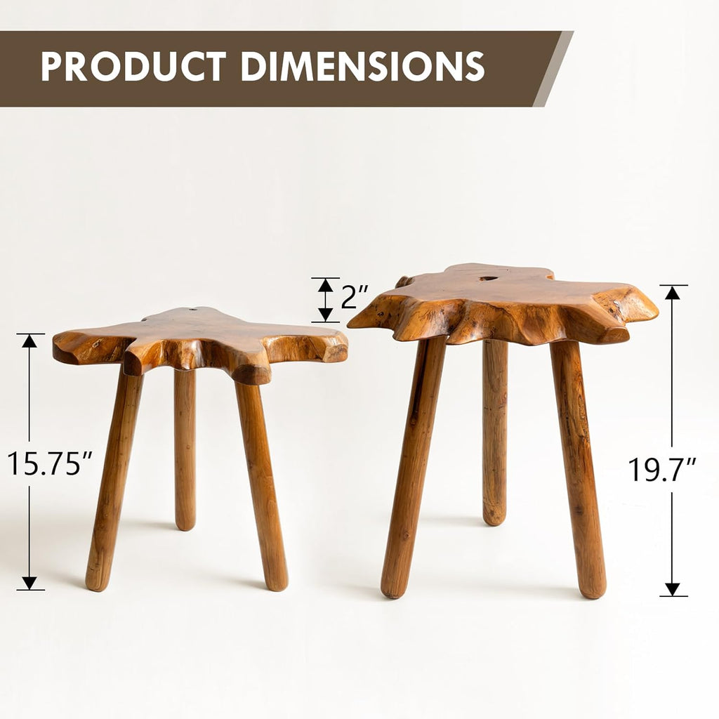Natural Teak Wood Live Edge Side Table with Wood Legs – Rustic Side Table for Living Room, Bedroom – Sturdy Real Teak Wood End Table, Easy to Assemble (14"x16"x20" +18"x20"x20")