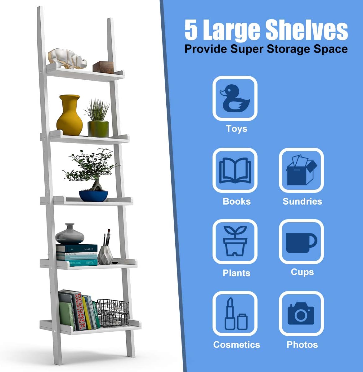 Tangkula Ladder Shelf, 5-Tier Multifunctional Modern Wood Plant Flower Book Display Shelf, Home Office Storage Rack Leaning Ladder Wall Shelf (White, 1)