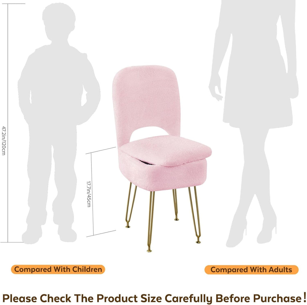 BRIAN & DANY Vanity Chair with Storage and Folding Back, Faux Fur Square Storage Chair, Vanity Stool Chair with 4 Metal Legs for Bedroom, Living Room and Makeup Stations, 13.4"x 15"x 30", Black