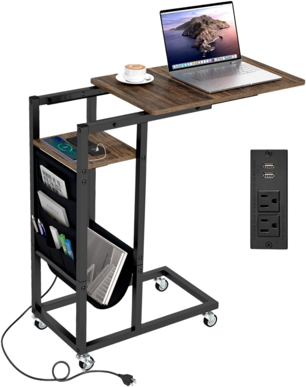 Giantex C Shaped End Table with Charging Station, 27’’H Slide Under Couch Side Table w/Wheels, Outlets & USB Ports, Storage Bag, Small Laptop Sofa TV Tray C Table for Living Room, Rustic Brown