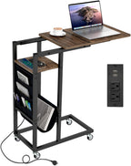 Giantex C Shaped End Table with Charging Station, 27’’H Slide Under Couch Side Table w/Wheels, Outlets & USB Ports, Storage Bag, Small Laptop Sofa TV Tray C Table for Living Room, Rustic Brown