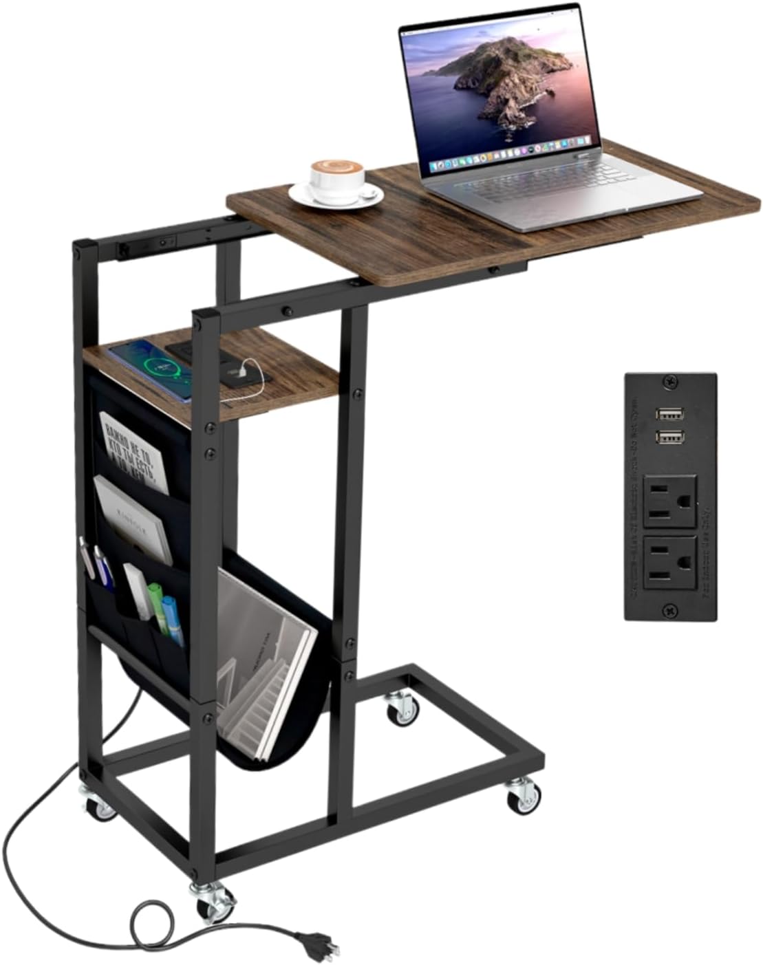 Giantex C Shaped End Table with Charging Station, 27’’H Slide Under Couch Side Table w/Wheels, Outlets & USB Ports, Storage Bag, Small Laptop Sofa TV Tray C Table for Living Room, Rustic Brown